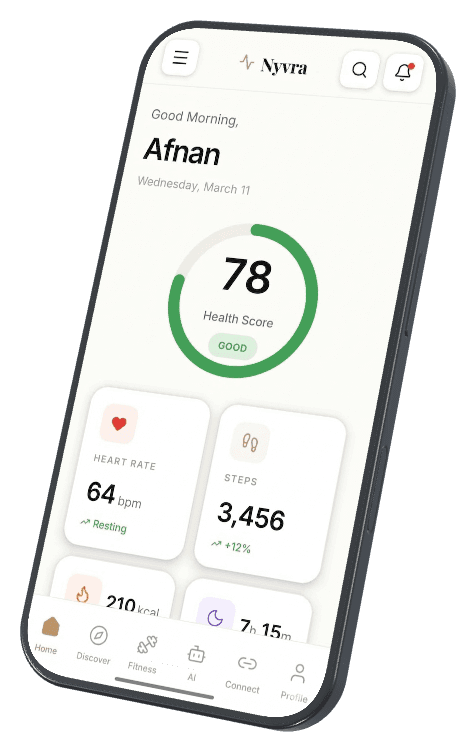 NyvraSync mobile app showing health tracking and connected care
